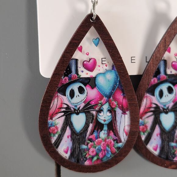 Gothic Teardrop Wood Earrings Jack & Sally Style 3.25" Dangle Pierced Halloween - Picture 7 of 9